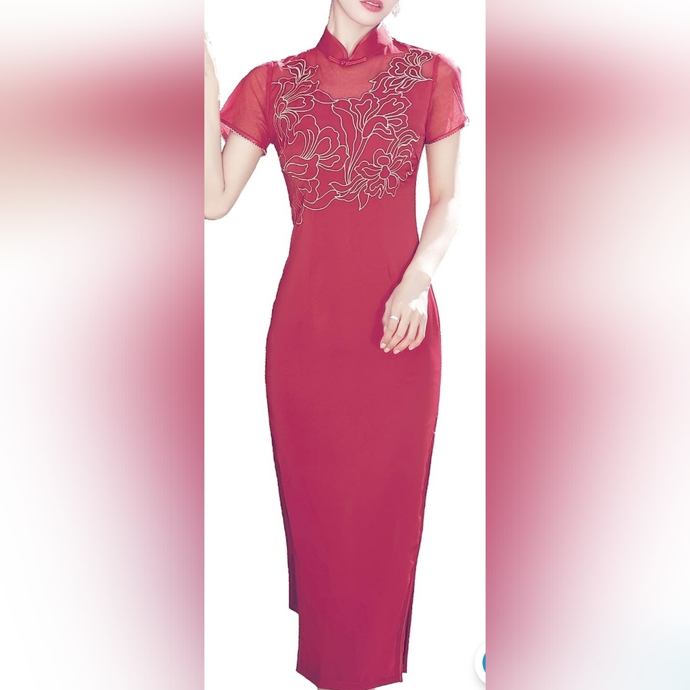 Bitablue Women's Metallic Silver Floral Embroidered Yoke Chinese Dress size 2
